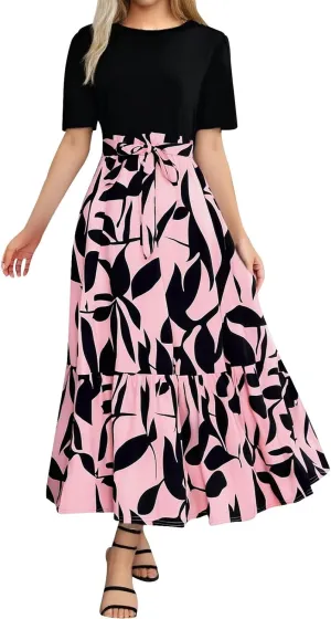 Womens Floral Maxi Dress 2025 Summer Crewneck Short Sleeve Ruffle Hem Flowy Dress Print Patchwork A Line Dresses