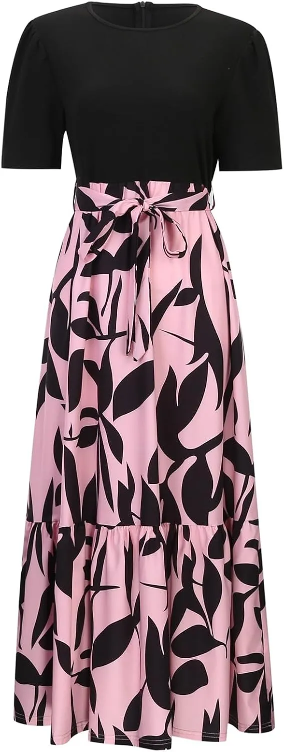 Womens Floral Maxi Dress 2025 Summer Crewneck Short Sleeve Ruffle Hem Flowy Dress Print Patchwork A Line Dresses