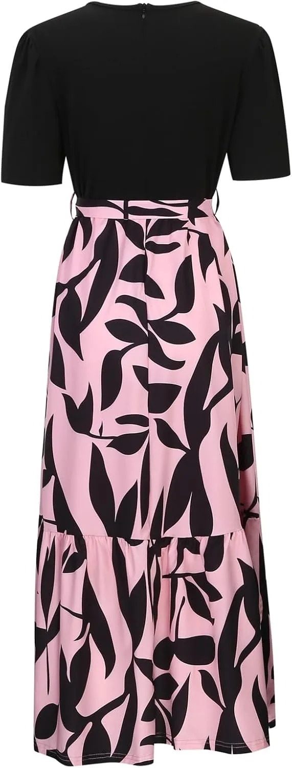 Womens Floral Maxi Dress 2025 Summer Crewneck Short Sleeve Ruffle Hem Flowy Dress Print Patchwork A Line Dresses