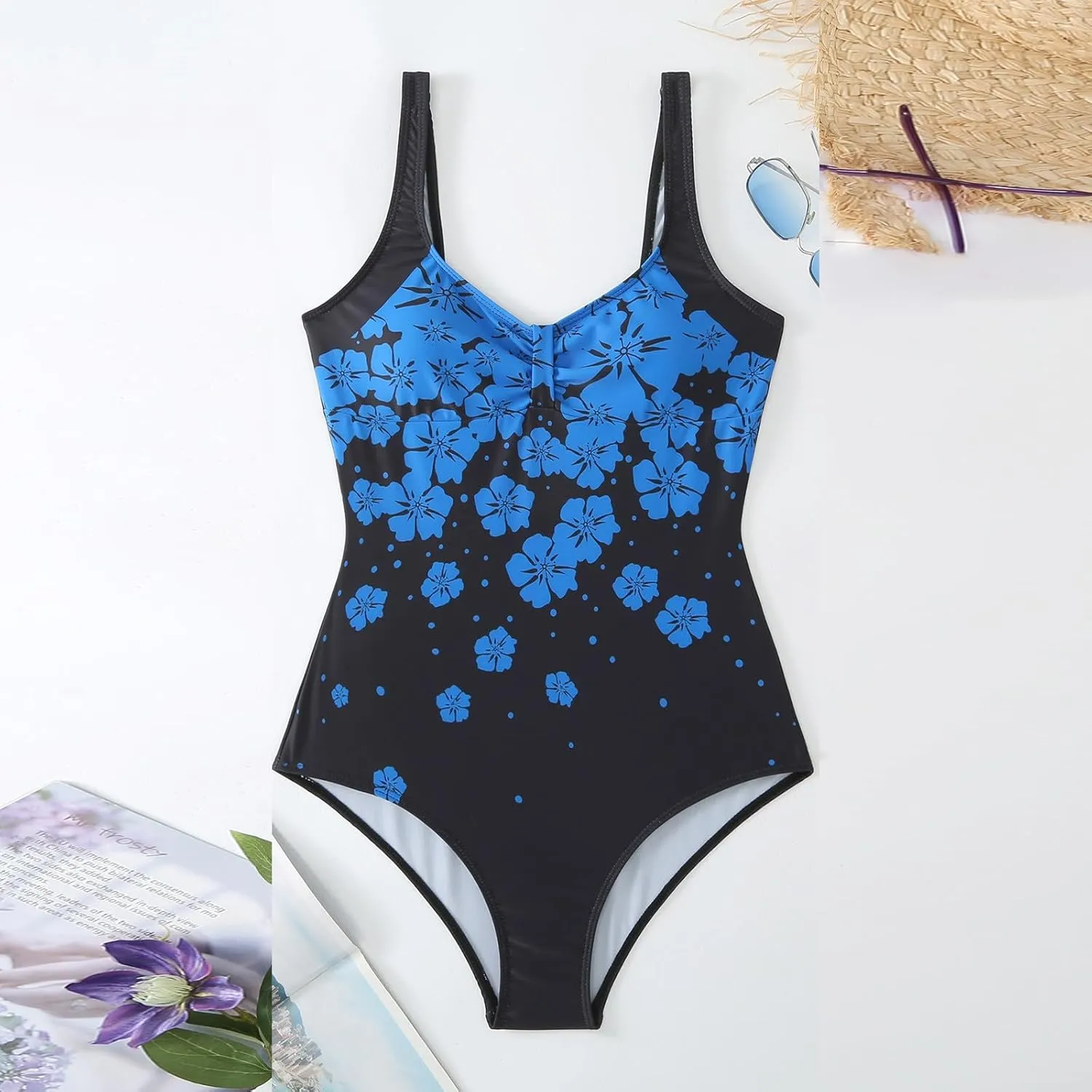 Womens Floral Printed Swimsuit One Piece Modest Bathing Suit Strap Backless Padded Swimwear Summer Athletic Clothes