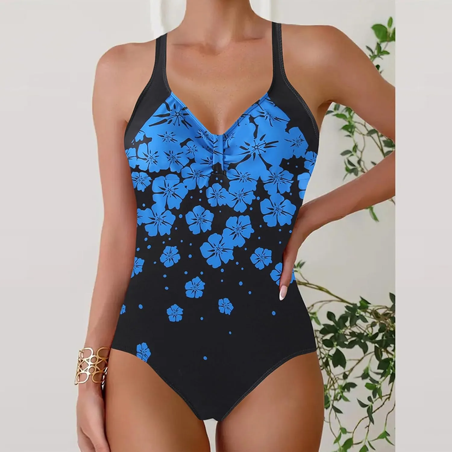 Womens Floral Printed Swimsuit One Piece Modest Bathing Suit Strap Backless Padded Swimwear Summer Athletic Clothes