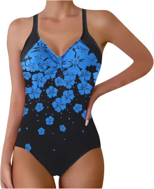Womens Floral Printed Swimsuit One Piece Modest Bathing Suit Strap Backless Padded Swimwear Summer Athletic Clothes