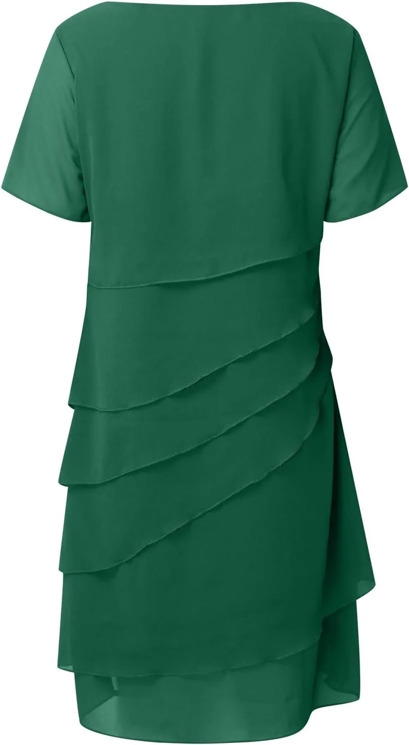 Womens Flowy Chiffon Tiered Midi Dress Summer Elegant Short Sleeve Layered Cocktail Dresses Flutter Elegant Dresses