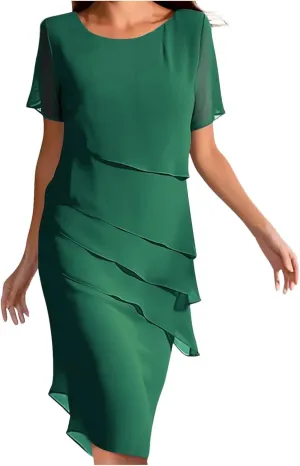 Womens Flowy Chiffon Tiered Midi Dress Summer Elegant Short Sleeve Layered Cocktail Dresses Flutter Elegant Dresses