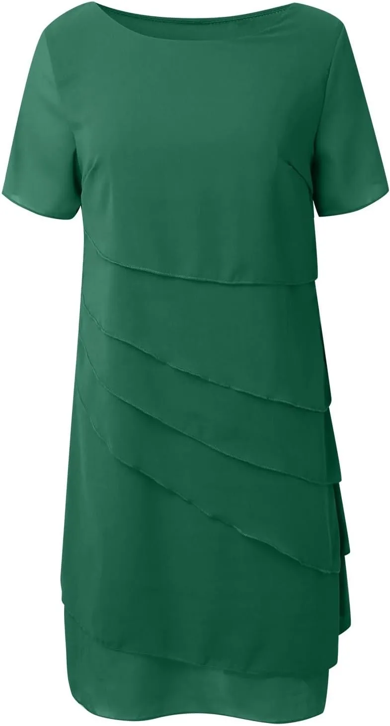 Womens Flowy Chiffon Tiered Midi Dress Summer Elegant Short Sleeve Layered Cocktail Dresses Flutter Elegant Dresses