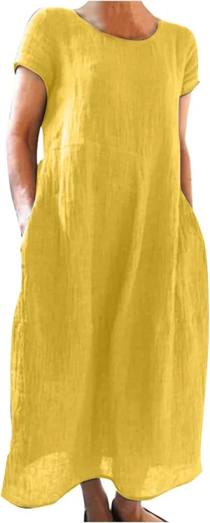 Womens Flowy Cotton Linen Dresses Casual Short Sleeve Crewneck Baggy Dress Summer Loose Beach Maxi Dress with Pockets