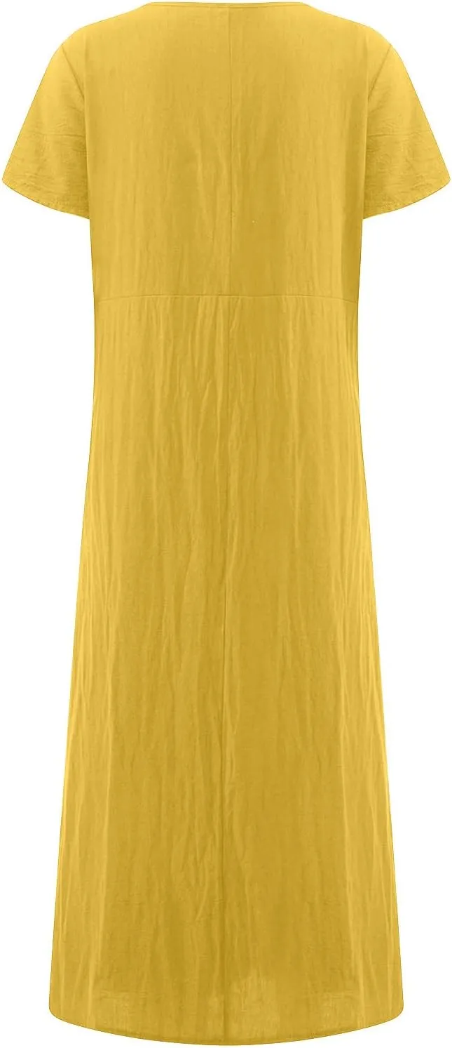 Womens Flowy Cotton Linen Dresses Casual Short Sleeve Crewneck Baggy Dress Summer Loose Beach Maxi Dress with Pockets