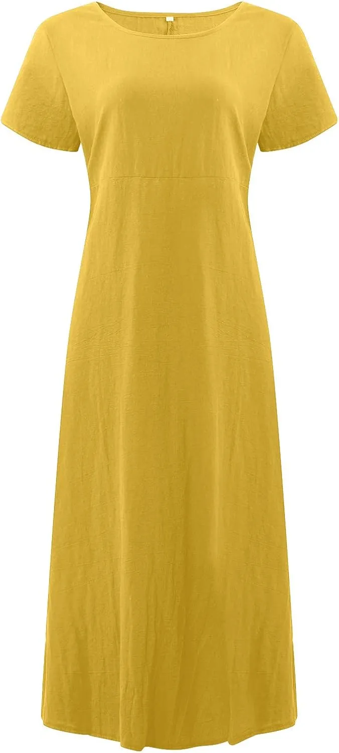 Womens Flowy Cotton Linen Dresses Casual Short Sleeve Crewneck Baggy Dress Summer Loose Beach Maxi Dress with Pockets