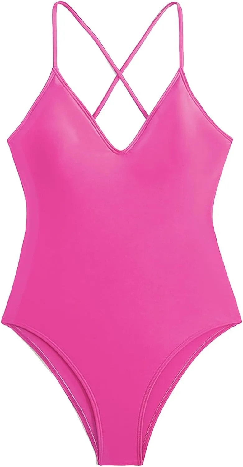 Womens Hawaiian Vacation Swimsuit Cross Backless One Piece Bathing Suits Solid Color V-Neck Tummy Control Swimwear
