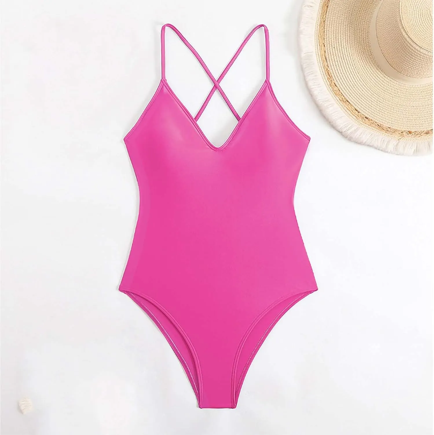 Womens Hawaiian Vacation Swimsuit Cross Backless One Piece Bathing Suits Solid Color V-Neck Tummy Control Swimwear