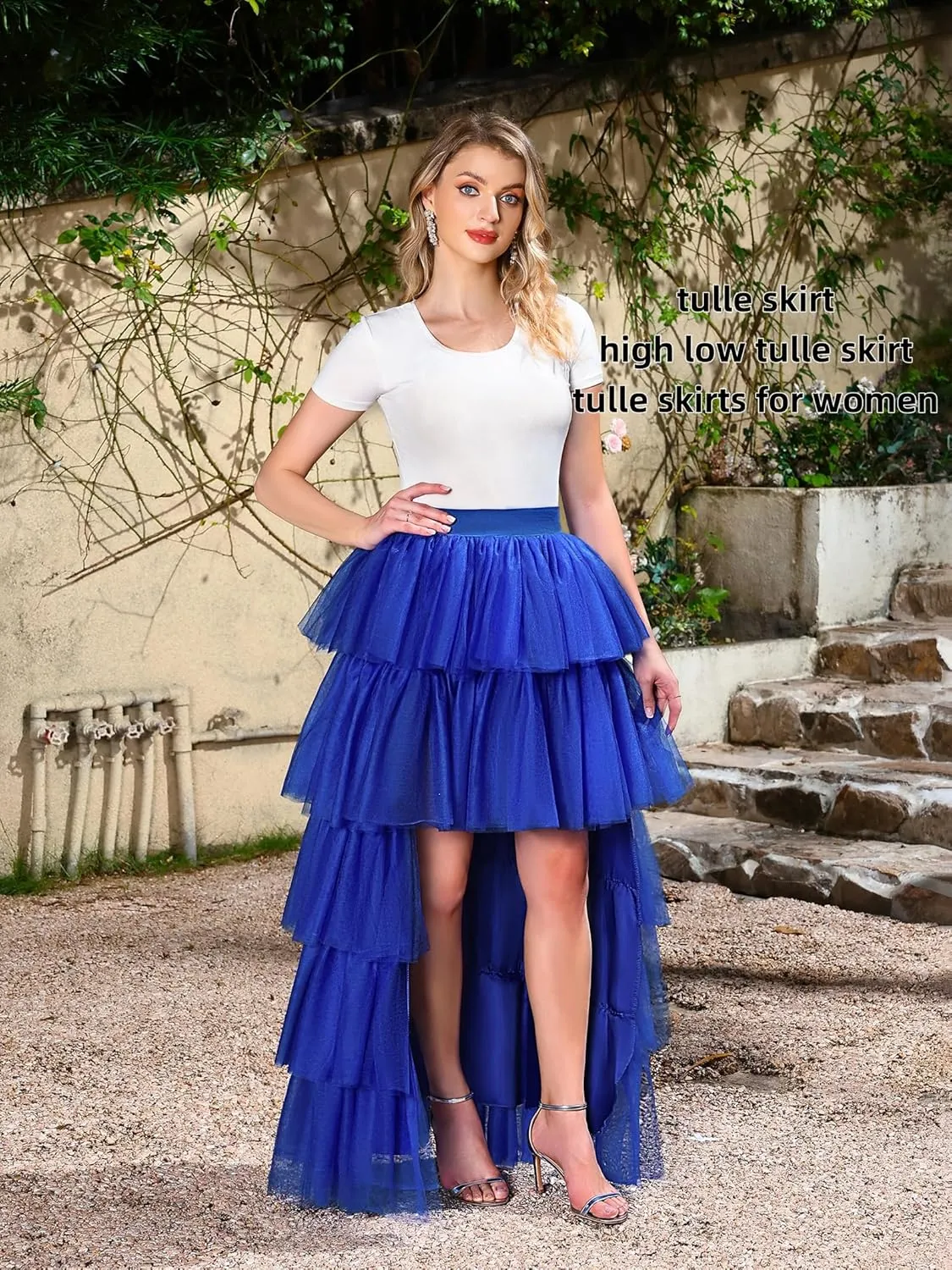 Women's High Low Tutu Skirts Sweet Elastic Waist Tulle Layered Ruffles Mesh Long Tiered Skirt
