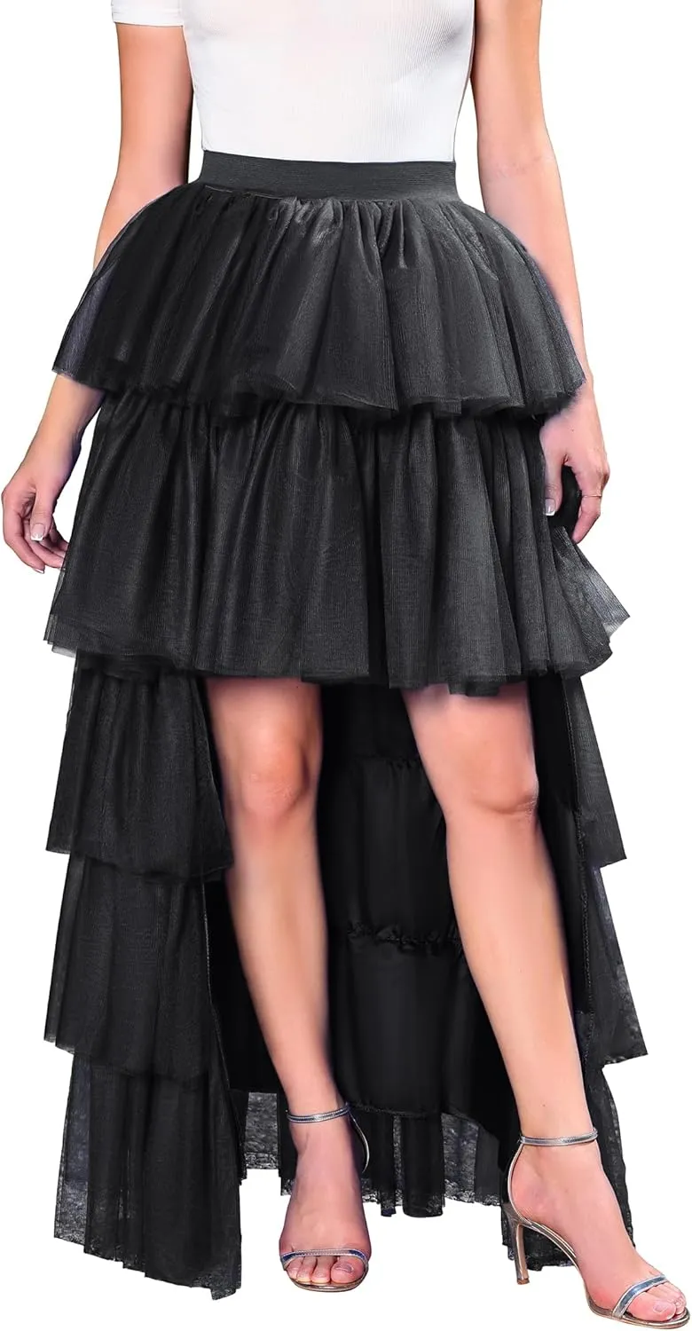 Women's High Low Tutu Skirts Sweet Elastic Waist Tulle Layered Ruffles Mesh Long Tiered Skirt