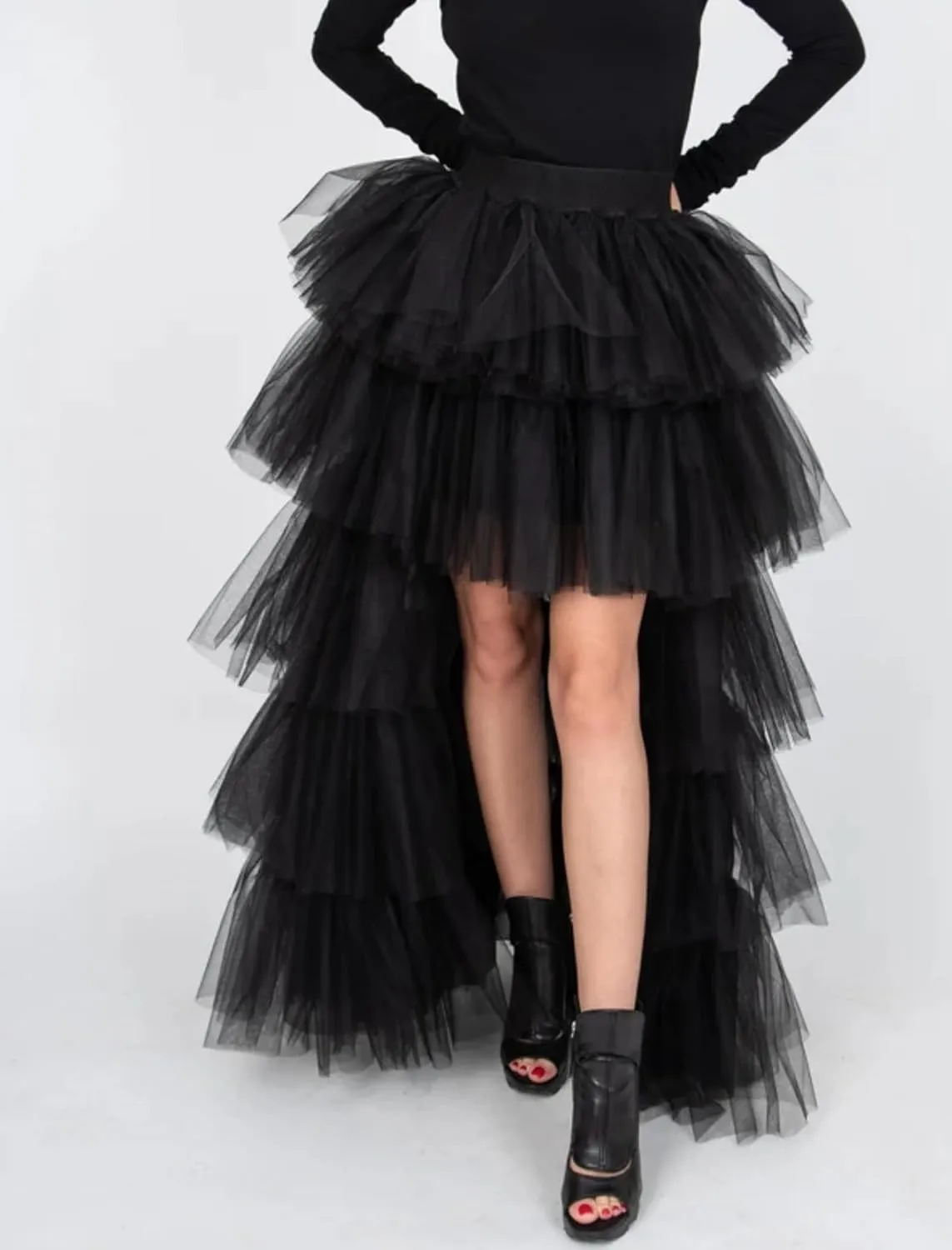 Women's High Low Tutu Skirts Sweet Elastic Waist Tulle Layered Ruffles Mesh Long Tiered Skirt