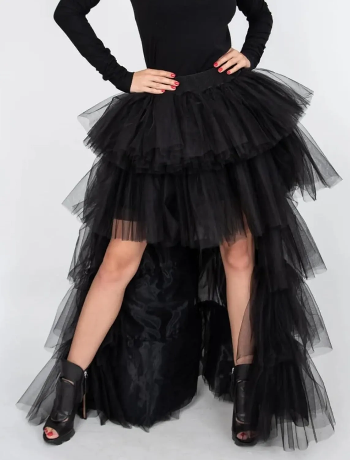 Women's High Low Tutu Skirts Sweet Elastic Waist Tulle Layered Ruffles Mesh Long Tiered Skirt