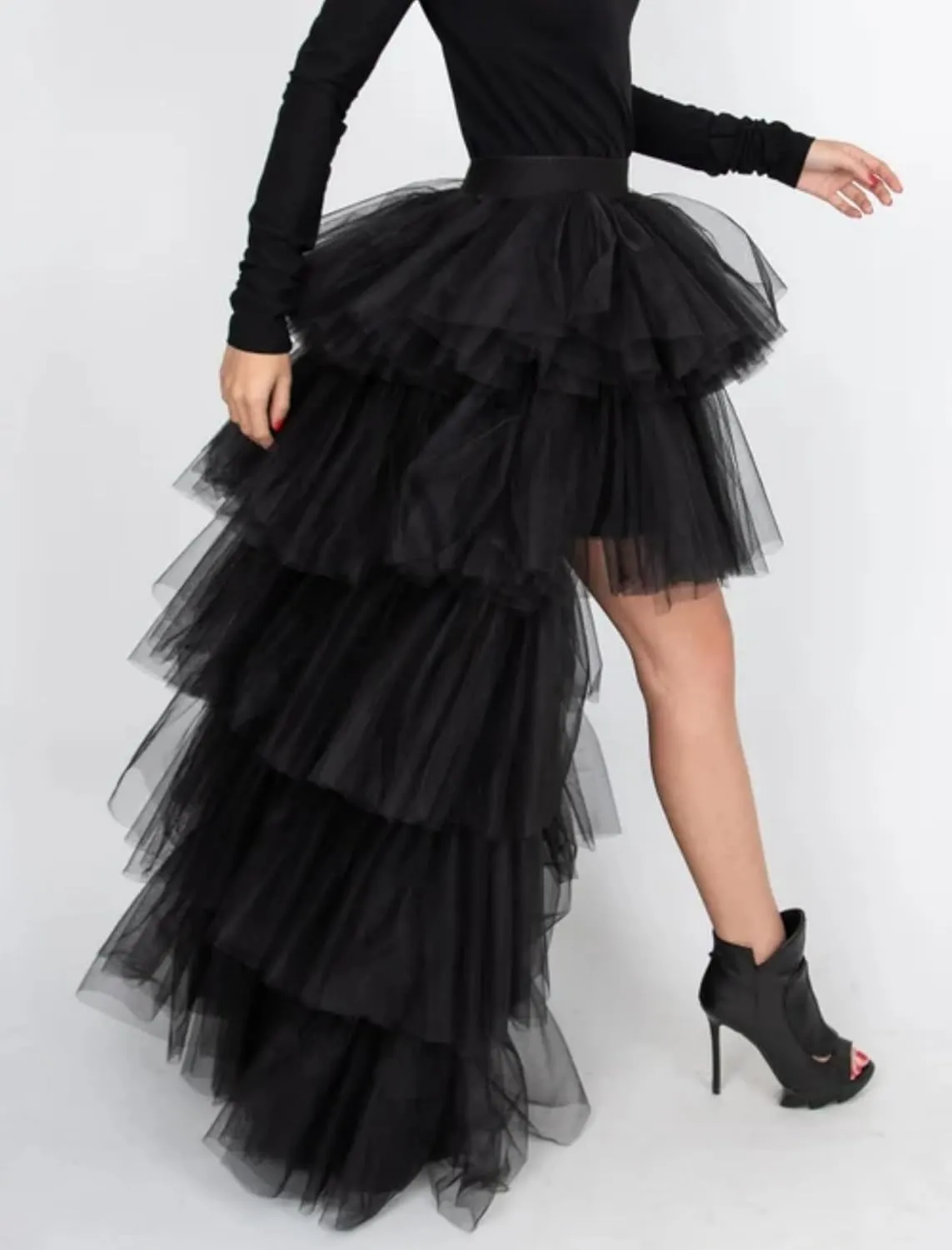 Women's High Low Tutu Skirts Sweet Elastic Waist Tulle Layered Ruffles Mesh Long Tiered Skirt