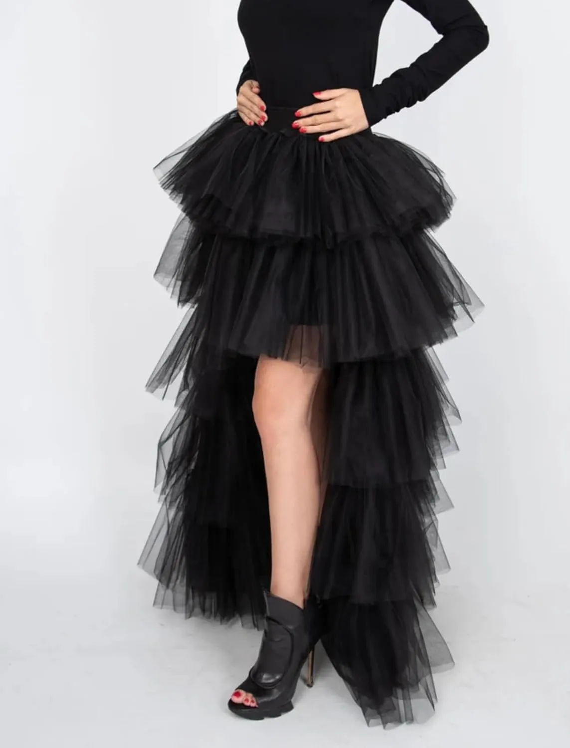 Women's High Low Tutu Skirts Sweet Elastic Waist Tulle Layered Ruffles Mesh Long Tiered Skirt