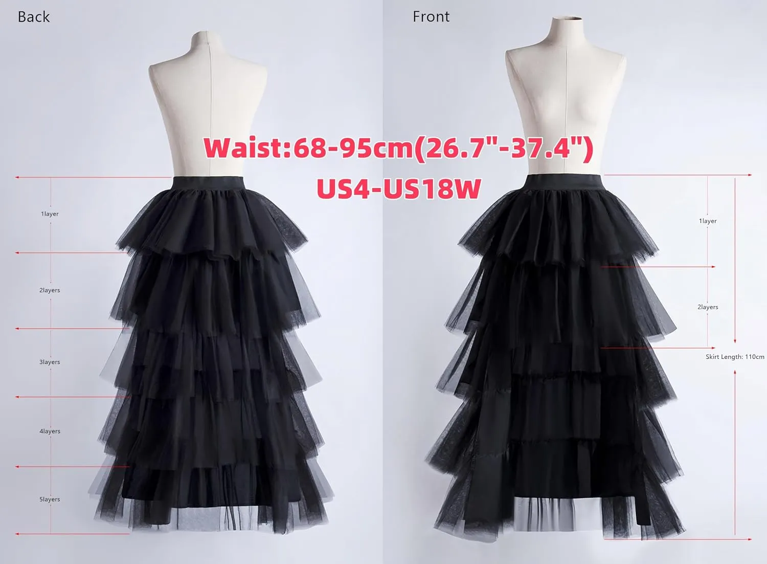 Women's High Low Tutu Skirts Sweet Elastic Waist Tulle Layered Ruffles Mesh Long Tiered Skirt
