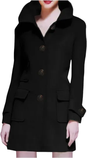 Womens Jacket Wool Blend Coats Vintage Single Breasted Lapel Overcoat Long Sleeve Casual Slim Fit Button Cardigan