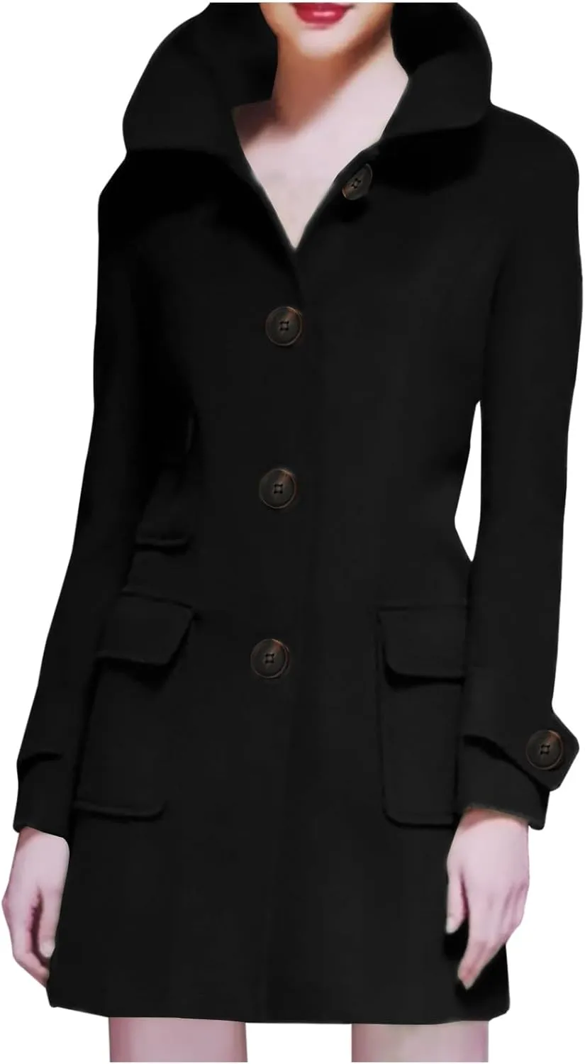 Womens Jacket Wool Blend Coats Vintage Single Breasted Lapel Overcoat Long Sleeve Casual Slim Fit Button Cardigan
