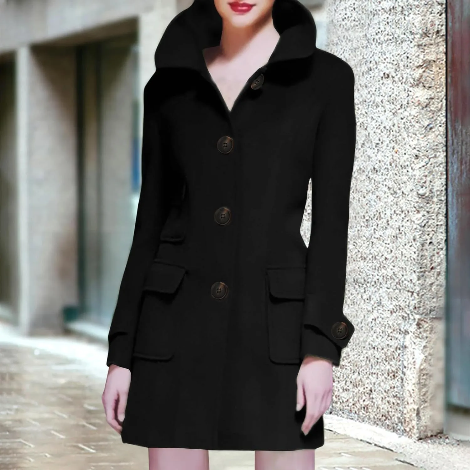 Womens Jacket Wool Blend Coats Vintage Single Breasted Lapel Overcoat Long Sleeve Casual Slim Fit Button Cardigan