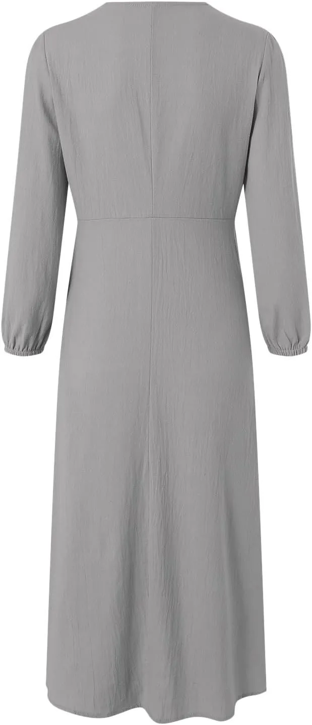 Women's Linen Maxi Dress 2025 Summer Casual Long Sleeve V-Neck Tiered Ruffle Sundress Boho Beach Pleated Long Dresses