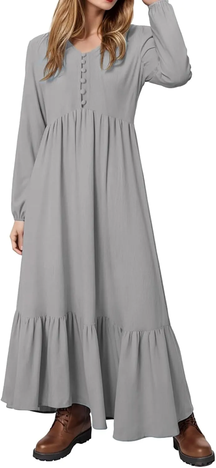 Women's Linen Maxi Dress 2025 Summer Casual Long Sleeve V-Neck Tiered Ruffle Sundress Boho Beach Pleated Long Dresses