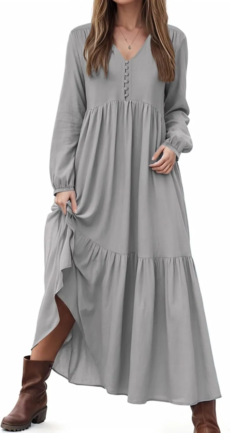 Women's Linen Maxi Dress 2025 Summer Casual Long Sleeve V-Neck Tiered Ruffle Sundress Boho Beach Pleated Long Dresses