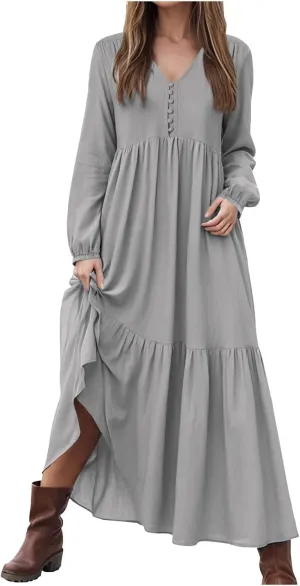Women's Linen Maxi Dress 2025 Summer Casual Long Sleeve V-Neck Tiered Ruffle Sundress Boho Beach Pleated Long Dresses