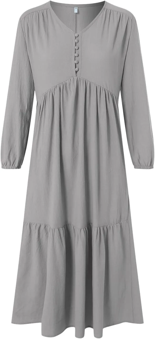 Women's Linen Maxi Dress 2025 Summer Casual Long Sleeve V-Neck Tiered Ruffle Sundress Boho Beach Pleated Long Dresses