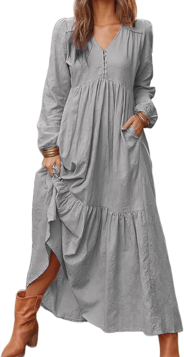 Women's Linen Maxi Dress 2025 Summer Casual Long Sleeve V-Neck Tiered Ruffle Sundress Boho Beach Pleated Long Dresses