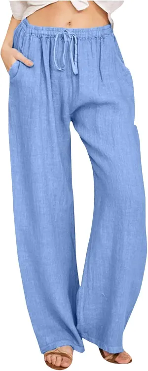 Women's Linen Pants 2025 Summer Loose High Waist Pleated Front Wide Leg Joggers Palazzo Pants Trousers with Pockets
