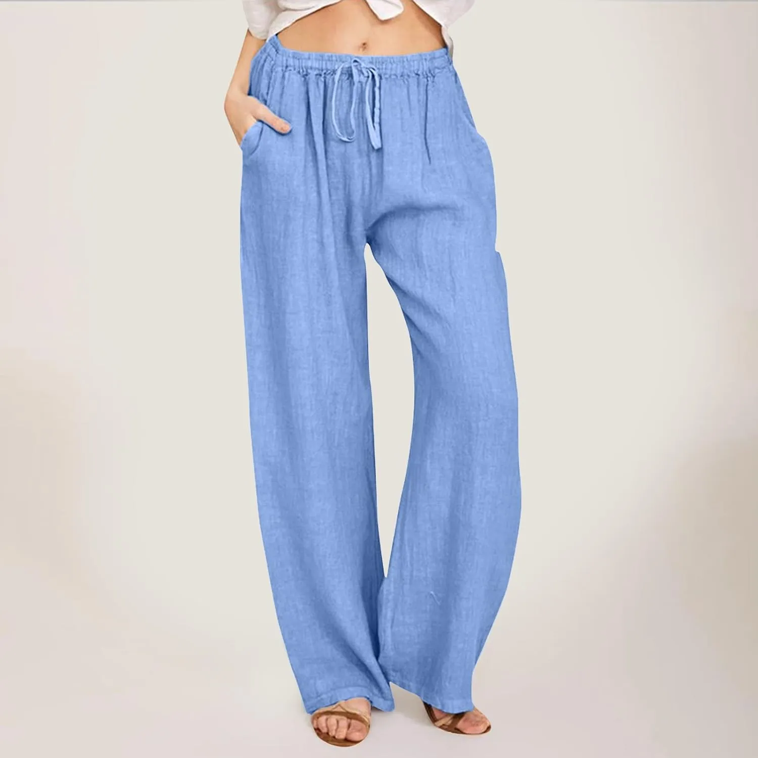 Women's Linen Pants 2025 Summer Loose High Waist Pleated Front Wide Leg Joggers Palazzo Pants Trousers with Pockets