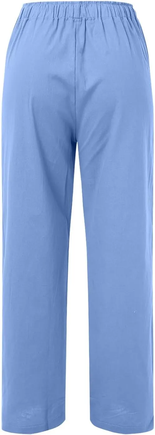 Women's Linen Pants 2025 Summer Loose High Waist Pleated Front Wide Leg Joggers Palazzo Pants Trousers with Pockets