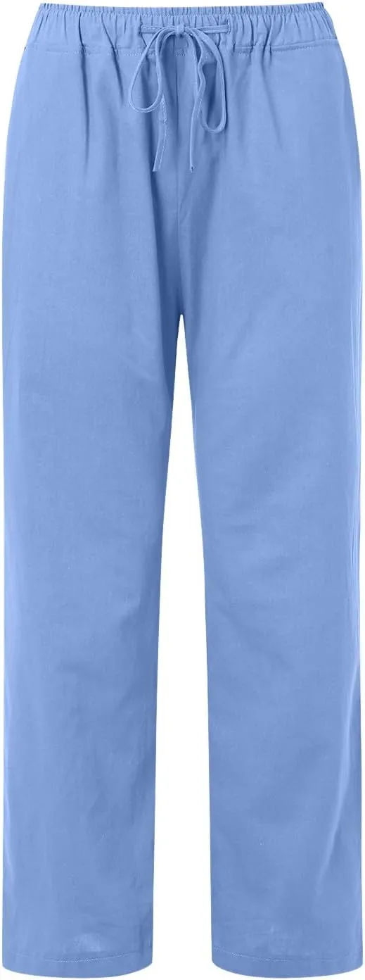 Women's Linen Pants 2025 Summer Loose High Waist Pleated Front Wide Leg Joggers Palazzo Pants Trousers with Pockets