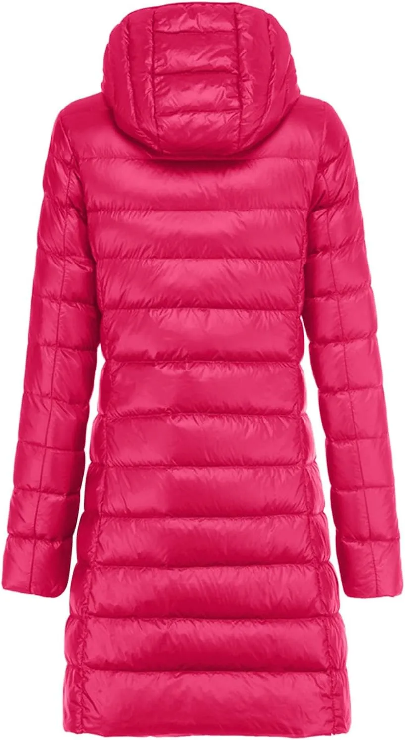 Women's Long Puffer Jacket Winter Warm Packable Down Jacket Lightweight Slim Fit Hooded Jacket Duck Down Coat