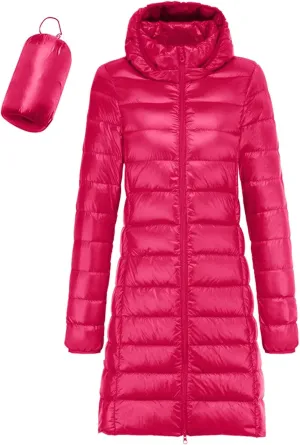 Women's Long Puffer Jacket Winter Warm Packable Down Jacket Lightweight Slim Fit Hooded Jacket Duck Down Coat