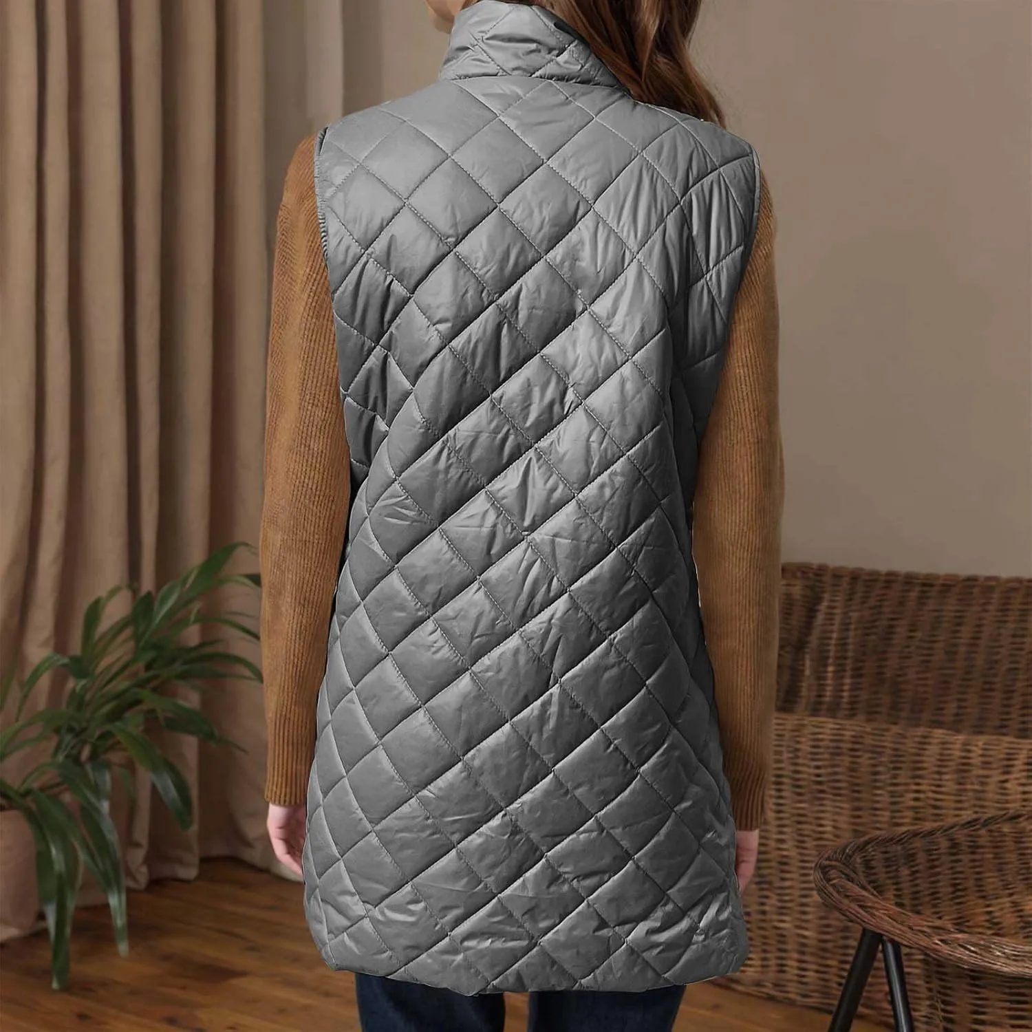 Womens Long Puffer Vest 2024 Sleeveless Zip Up Vest Long Winter Vest Quilted Down Coat Lightweight Trendy Vest Jacket