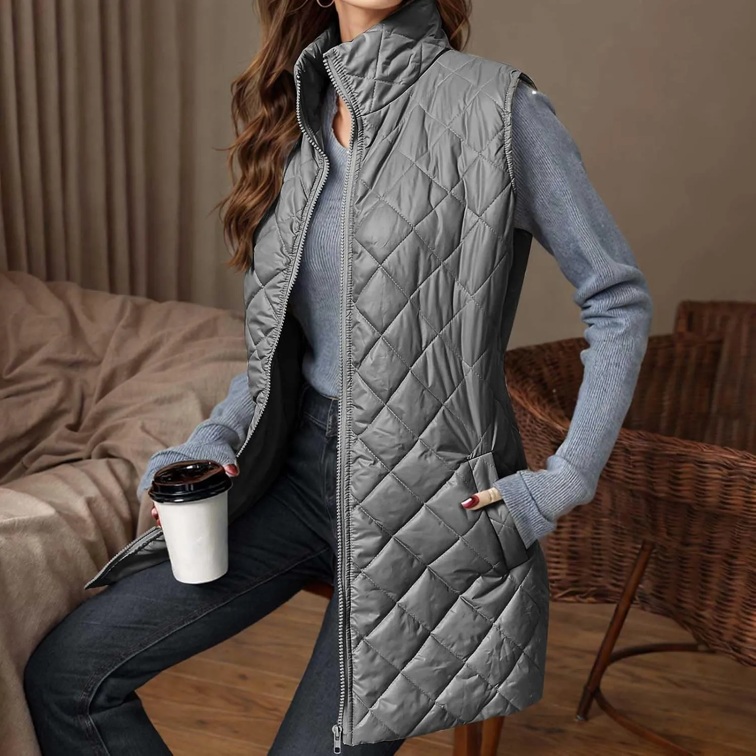 Womens Long Puffer Vest 2024 Sleeveless Zip Up Vest Long Winter Vest Quilted Down Coat Lightweight Trendy Vest Jacket