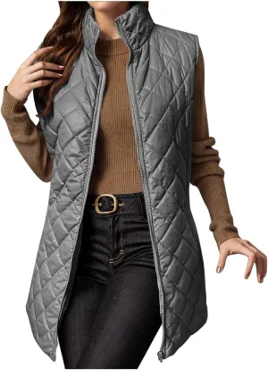 Womens Long Puffer Vest 2024 Sleeveless Zip Up Vest Long Winter Vest Quilted Down Coat Lightweight Trendy Vest Jacket
