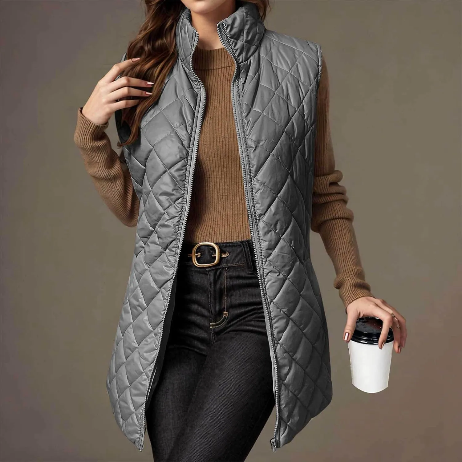 Womens Long Puffer Vest 2024 Sleeveless Zip Up Vest Long Winter Vest Quilted Down Coat Lightweight Trendy Vest Jacket