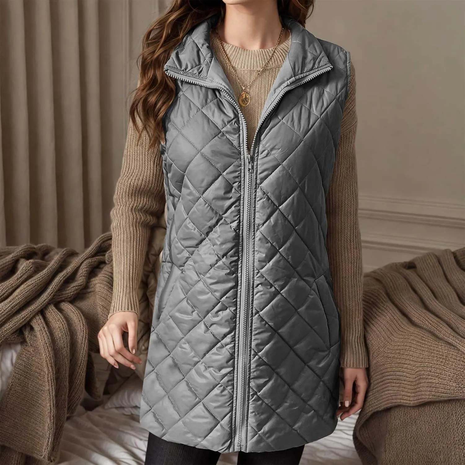 Womens Long Puffer Vest 2024 Sleeveless Zip Up Vest Long Winter Vest Quilted Down Coat Lightweight Trendy Vest Jacket