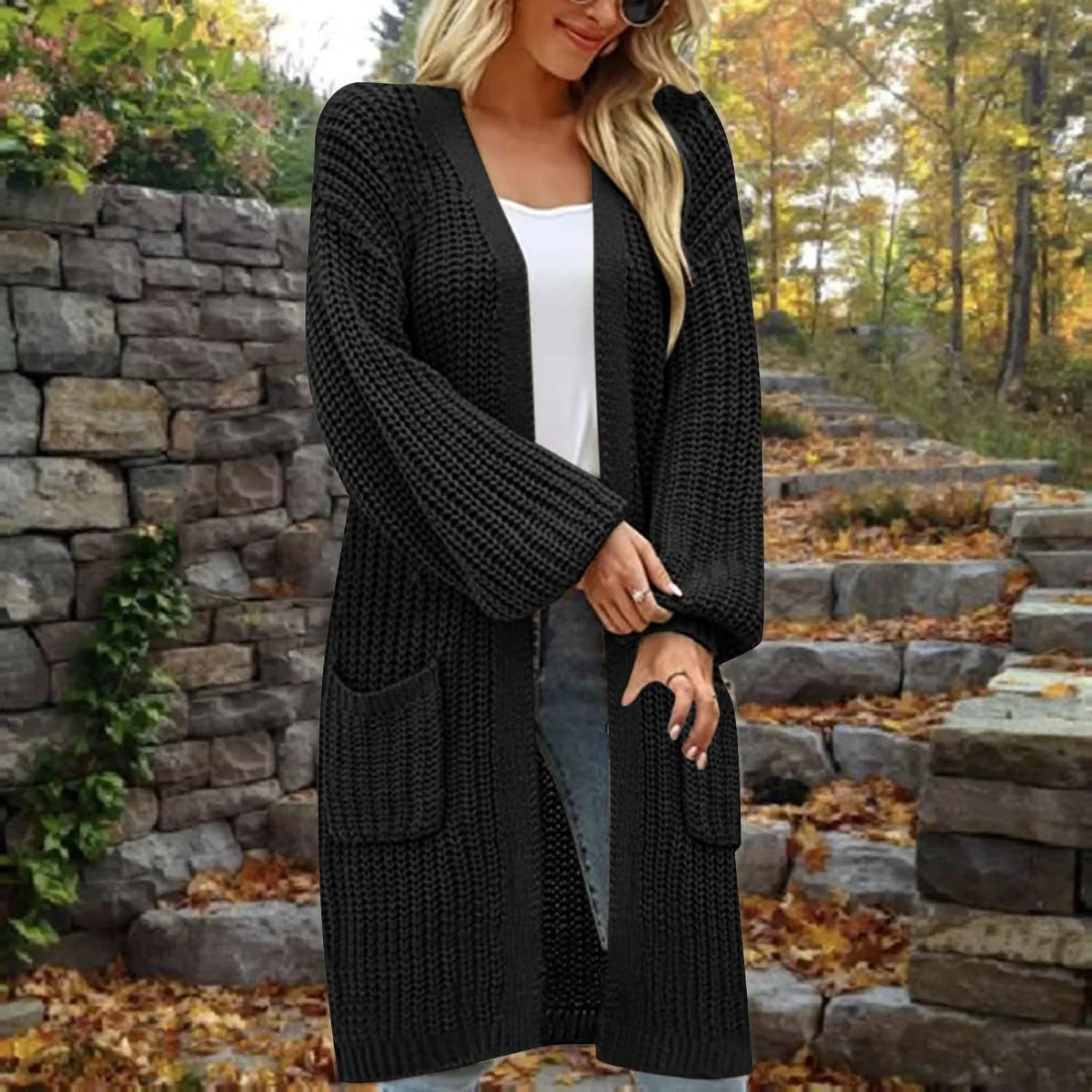 Womens Long Sleeve Cable Knit Long Cardigan Open Front Button Sweater Outerwear 2023 Fall Winter Flowy Soft Outerwear