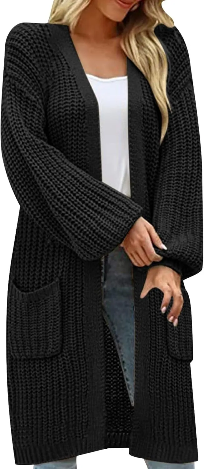 Womens Long Sleeve Cable Knit Long Cardigan Open Front Button Sweater Outerwear 2023 Fall Winter Flowy Soft Outerwear