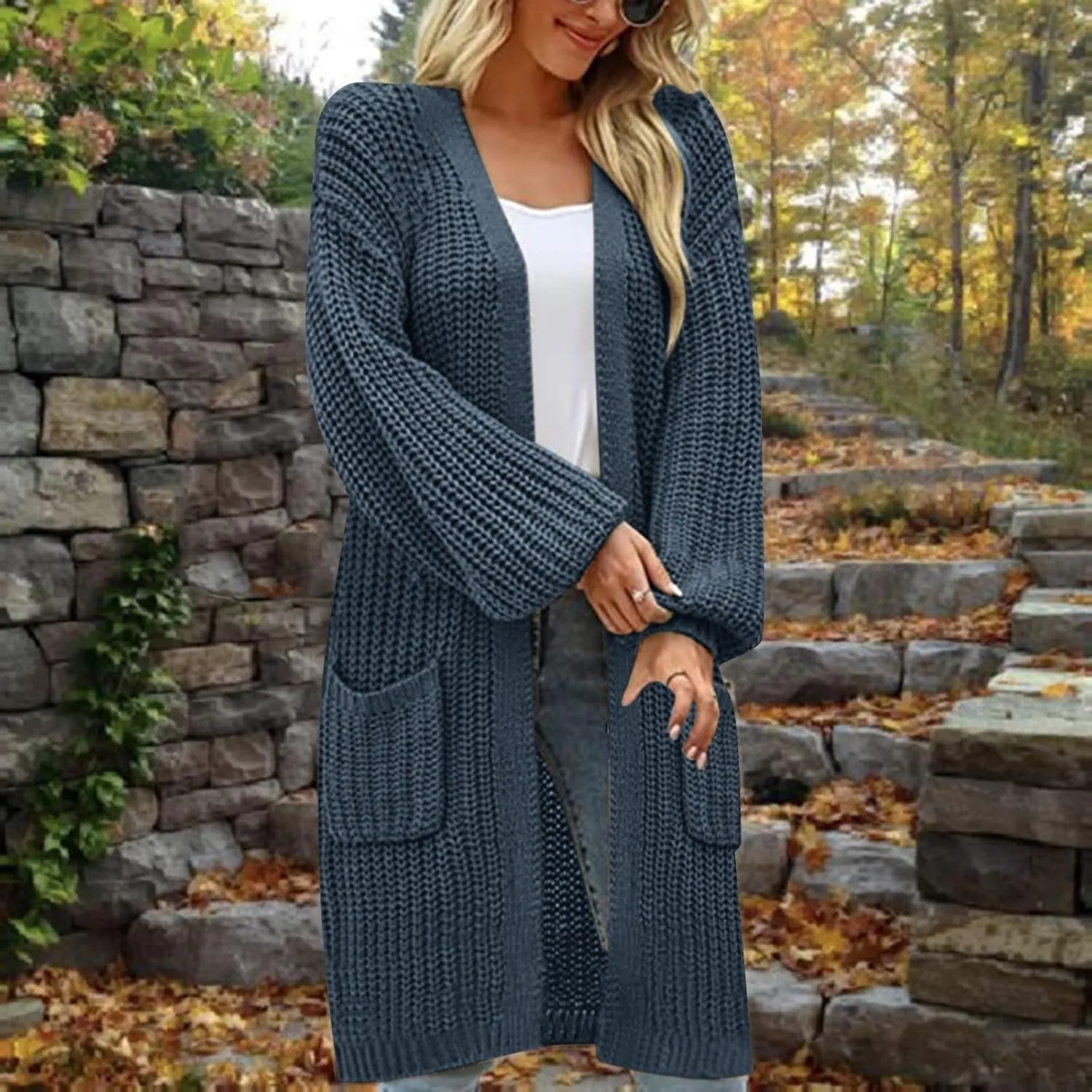 Womens Long Sleeve Cable Knit Long Cardigan Open Front Button Sweater Outerwear 2023 Fall Winter Flowy Soft Outerwear