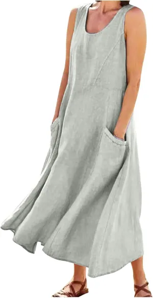 Women's Maxi Dresses 2024 Casual Summer Sleeveless Solid Color Casual Loose Swing Maxi Dresses with, S-5XL