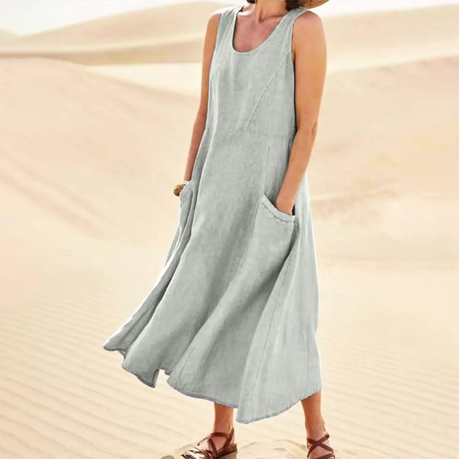 Women's Maxi Dresses 2024 Casual Summer Sleeveless Solid Color Casual Loose Swing Maxi Dresses with, S-5XL