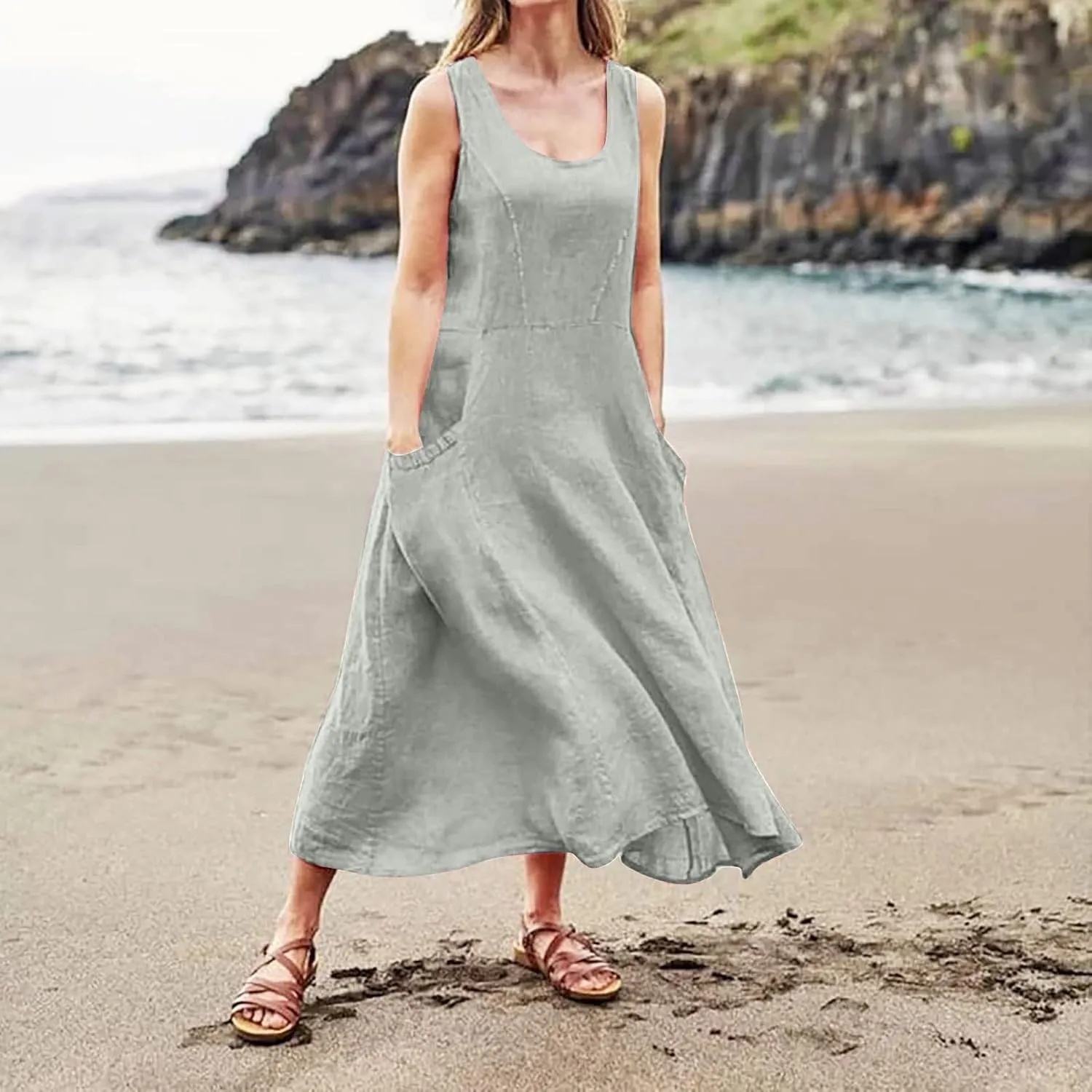 Women's Maxi Dresses 2024 Casual Summer Sleeveless Solid Color Casual Loose Swing Maxi Dresses with, S-5XL