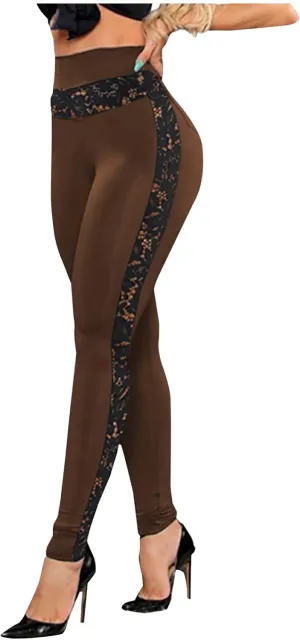 Women's Mesh Panel Side Sheer Lace High Waist Leggings Skinny Workout Yoga Pants with Pockets Athletic Activewear