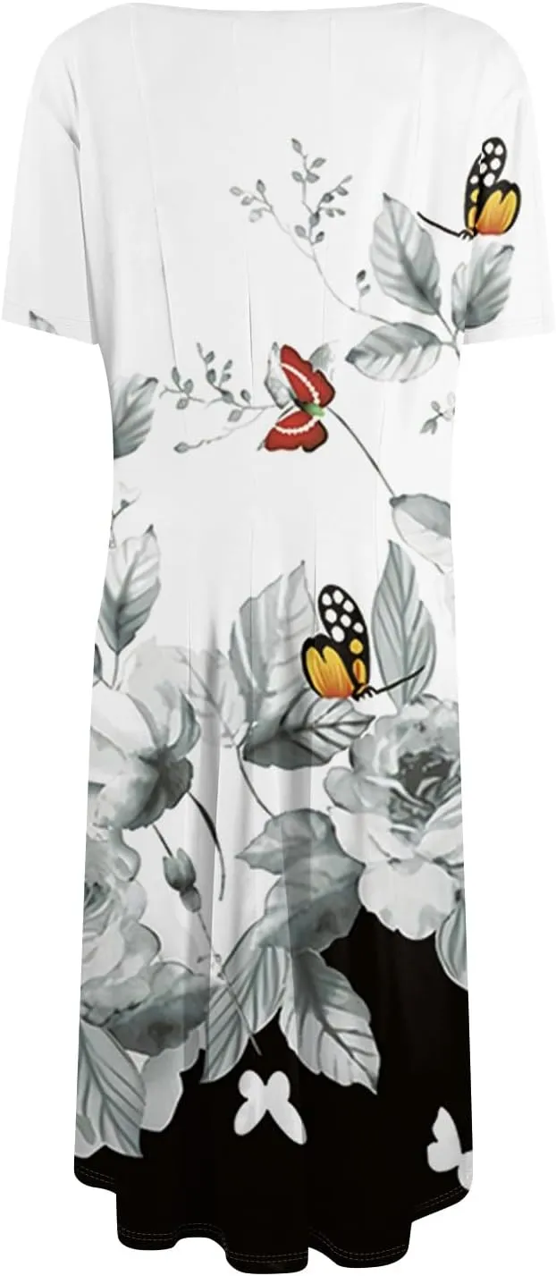 Women's Midi Dresses Summer Casual Loose Trendy Short Sleeve Crew Neck Floral Print Boho Dress 2025 Plus Size, S-3XL