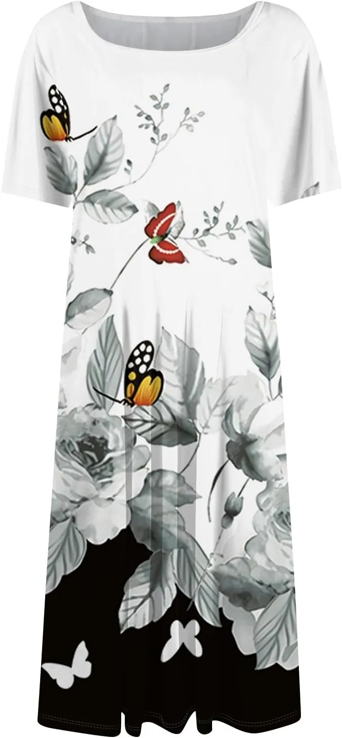 Women's Midi Dresses Summer Casual Loose Trendy Short Sleeve Crew Neck Floral Print Boho Dress 2025 Plus Size, S-3XL